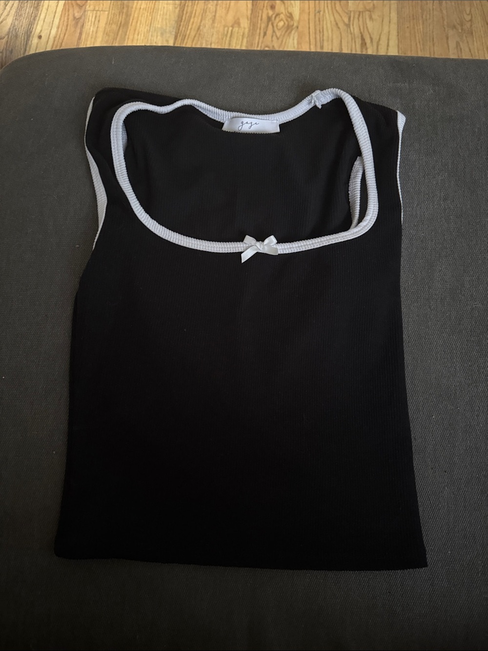 gaze Black Ribbed Tank with White Trim and Bow Accent